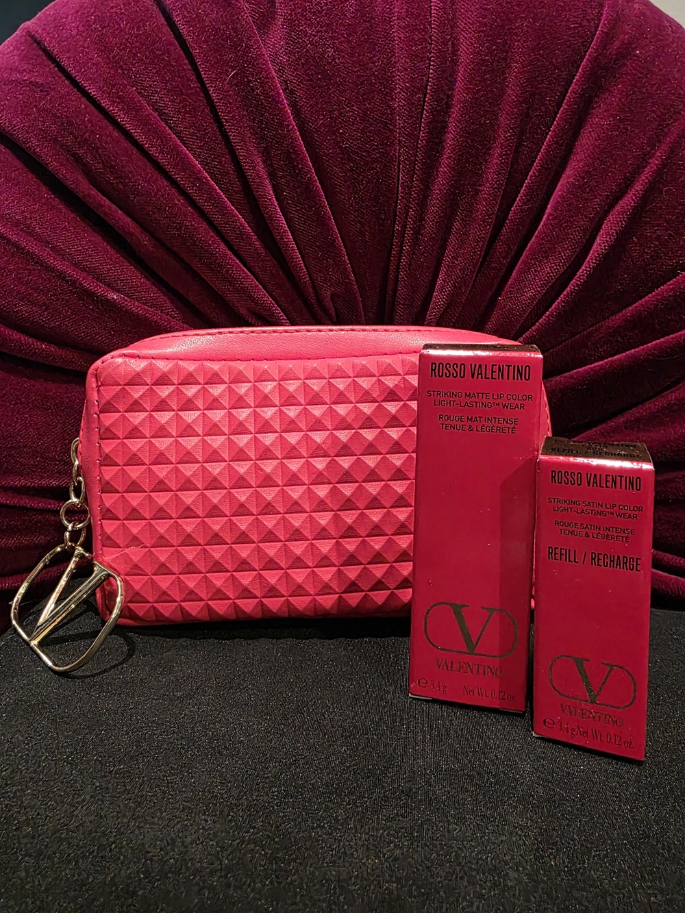 Valentino Lipstick Set with Hot Red Textured Cosmetic Pouch